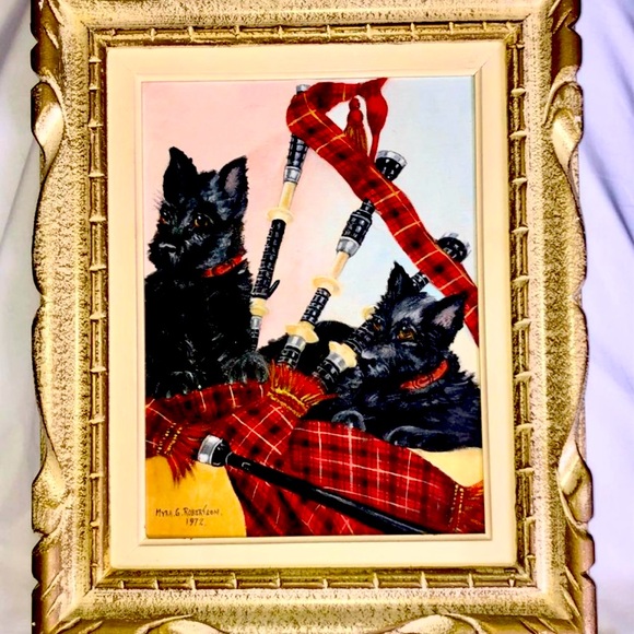 Vintage Scotty Dog Art Oil Painting on Canvas Scottish Tartan Bagpipes 1972 - Picture 2 of 4